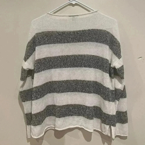 Eileen Fisher Organic Linen Knit Stripe Top/Sweater in Graphite White - Picture 2 of 4